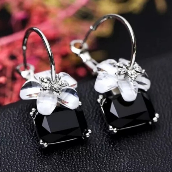 1 in. drop hoop Rhinestone earrings Jewelry - Cherry Blossom Flower Sparkly Rhinestone Hoop Drop